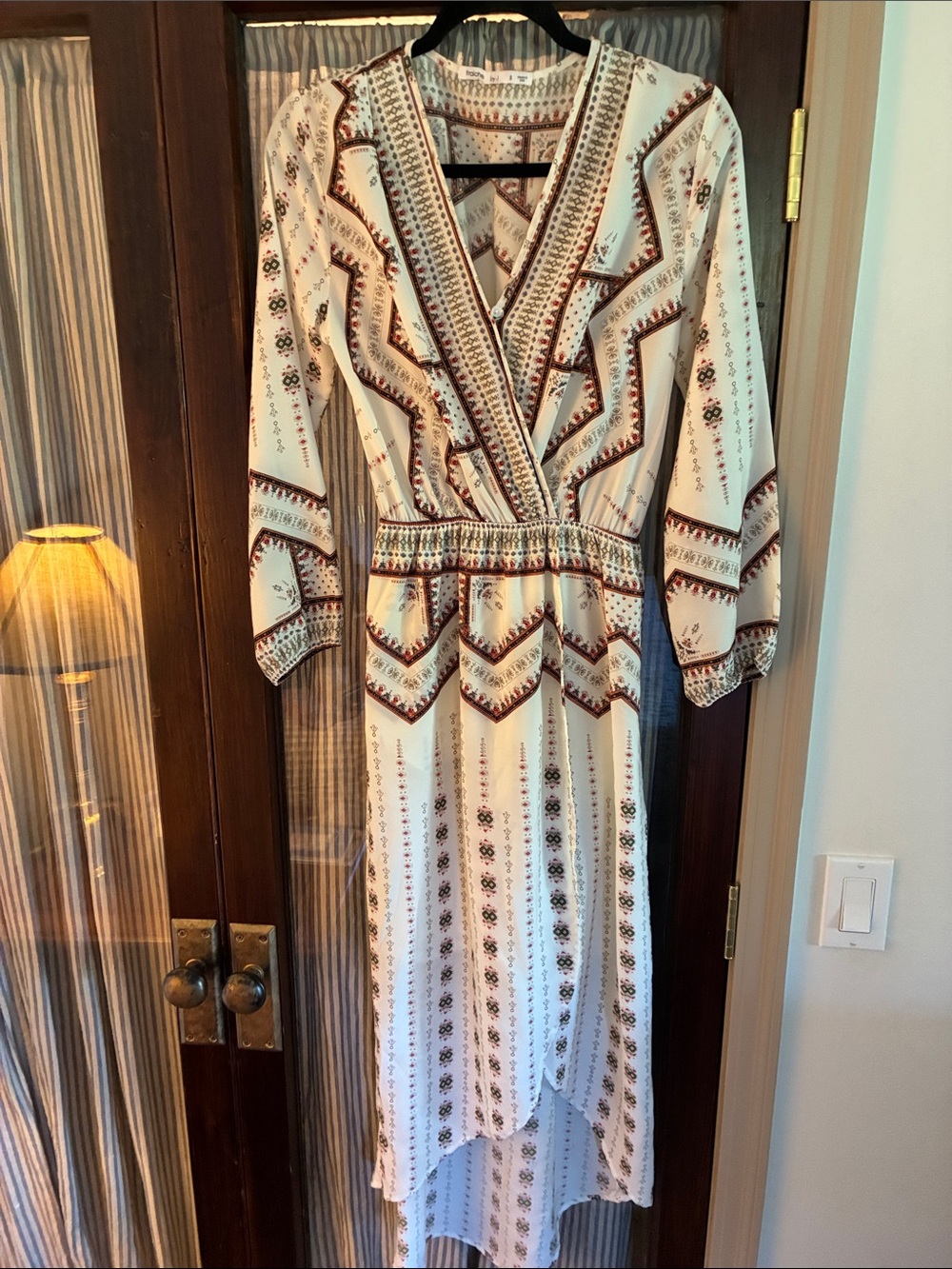 Cream Printed High-Low Wrap Dress with Rust Accent